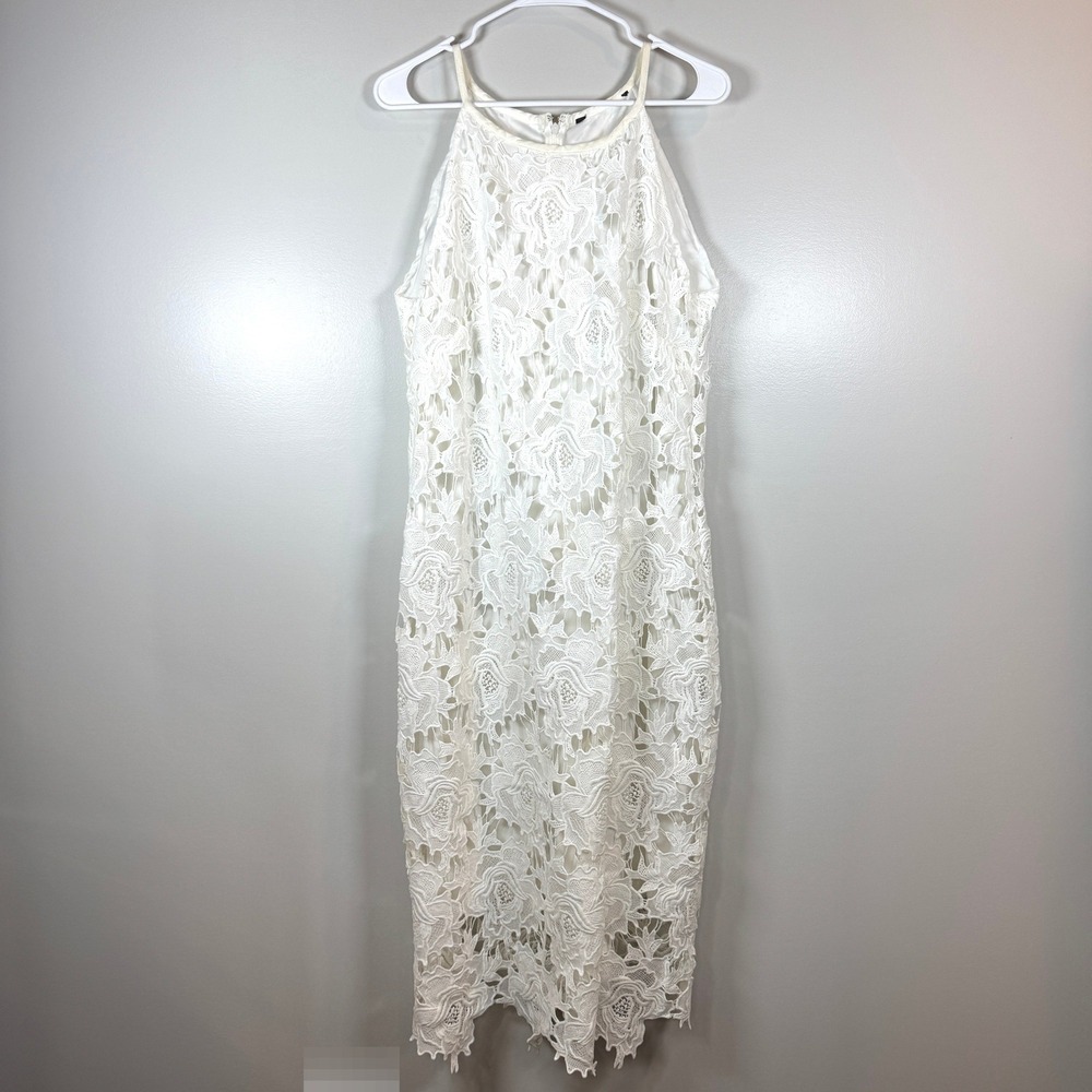 White Floral Guipure Lace Halter Midi‎ Dress Sheath Bridal Whimsical Romantic M
